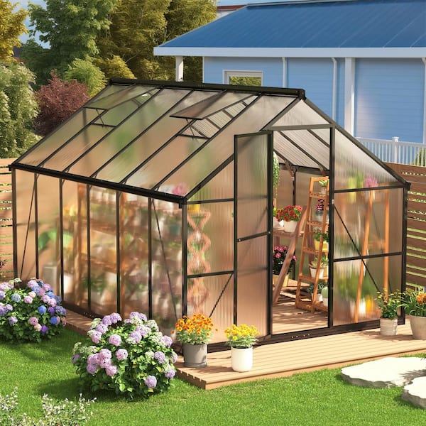 NETAJE 8 ft W x 12 ft D Black Polycarbonate Greenhouse with Quick