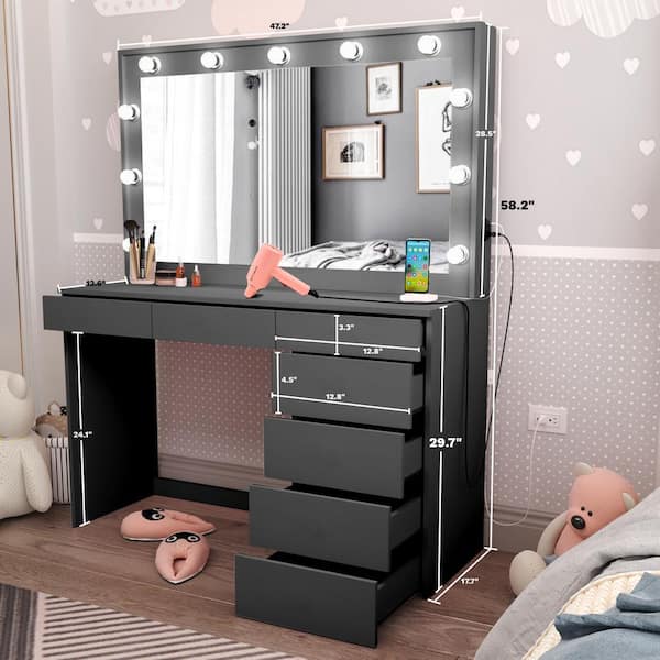 Diana Black Finish, 7 Drawers 34 in. W Dresser with Mirror