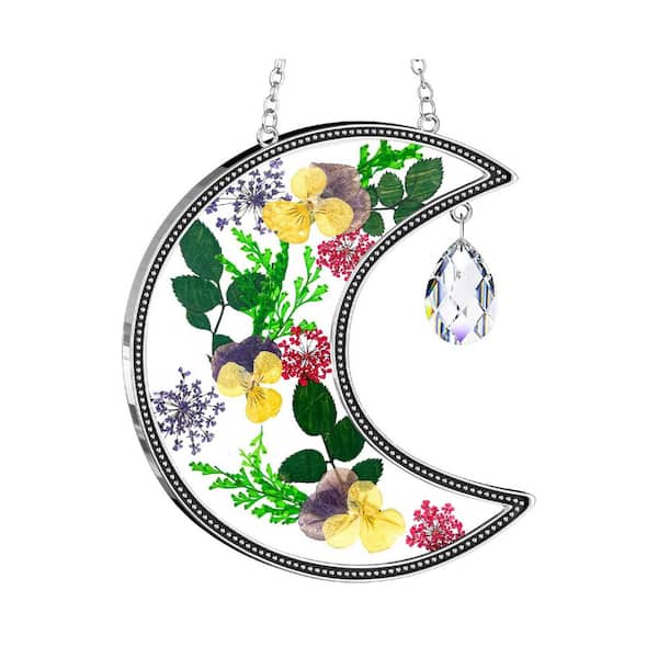 White Moon with Flower Stained Glass Art Glass Window