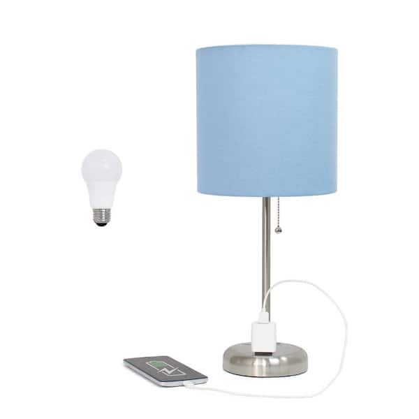 Oslo 19.5 in. Contemporary Bedside Power Outlet Base Metal Table Lamp in Brushed Steel, Blue Shade, with LED Bulb