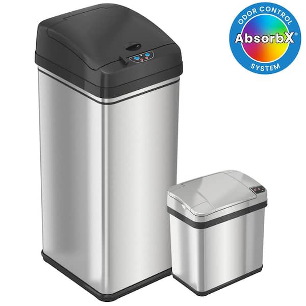 iTouchless 13 Gal. and 2.5 Gal. Stainless Steel Household Metal Trash Can Combo Pack with Sensor Lid and Odor Filter