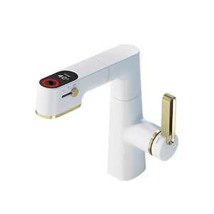 Single Handle Single Hole Deck Mount Bathroom Faucet 1.37 GPM with Sprayer, Digital Display and Spot Resistant in White