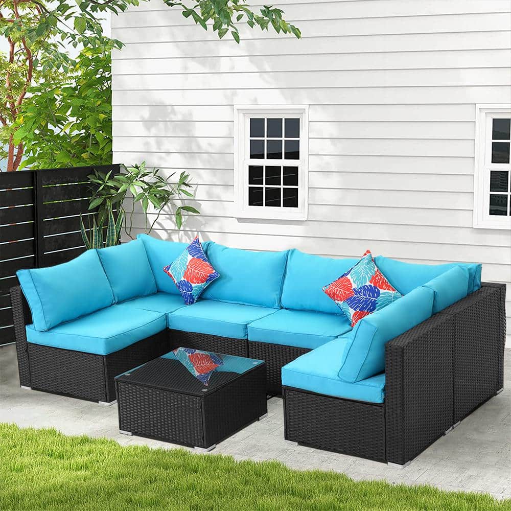 7-Piece Black Rattan Wicker Outdoor Patio Sectional Sofa Set with Blue Cush