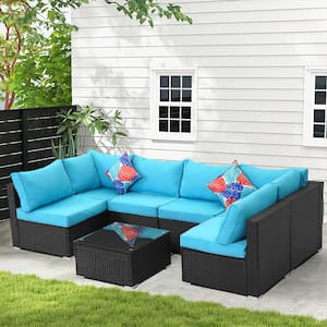 7-Piece Black Rattan Wicker Outdoor Patio Sectional Sofa Set with Blue Cushions and 2 Pillows