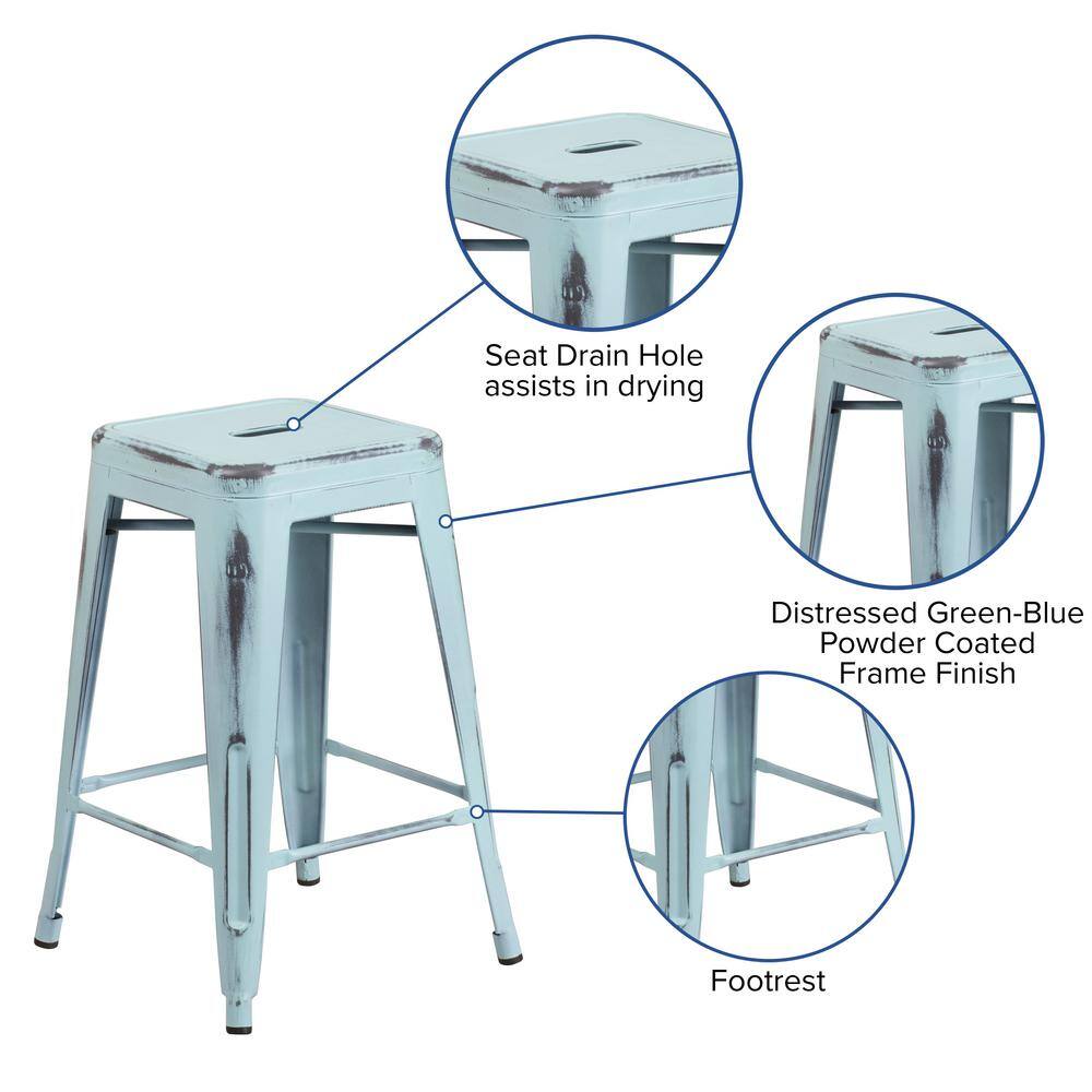 24" Distressed Green-Blue Metal Backless Counter Stool