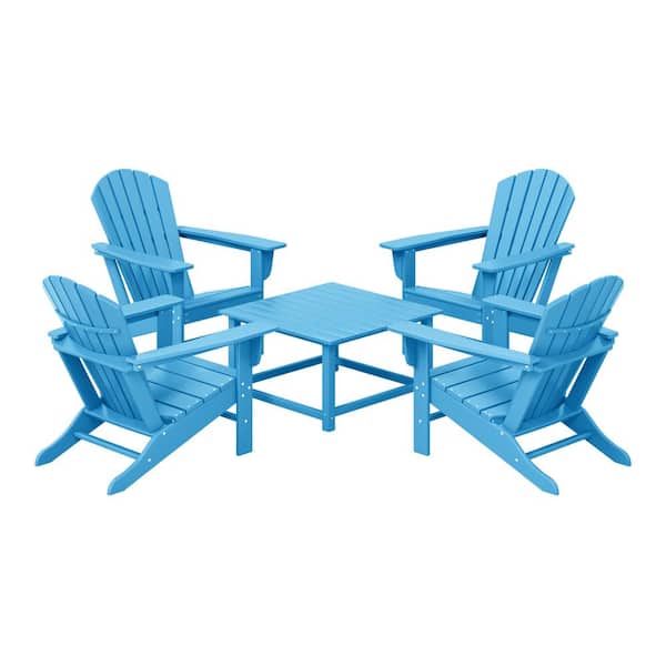 WESTIN OUTDOOR Altura Fade Resistant HDPE Plastic Pacific Blue 5PC Adirondack Chair Outdoor Patio Conversation Set, Square Coffee Table
