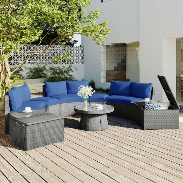 Unbranded 10-piece PE Wicker Outdoor patio semi-circular Sectional sofa set, freely combinable, with coffee table, Blue Cushions