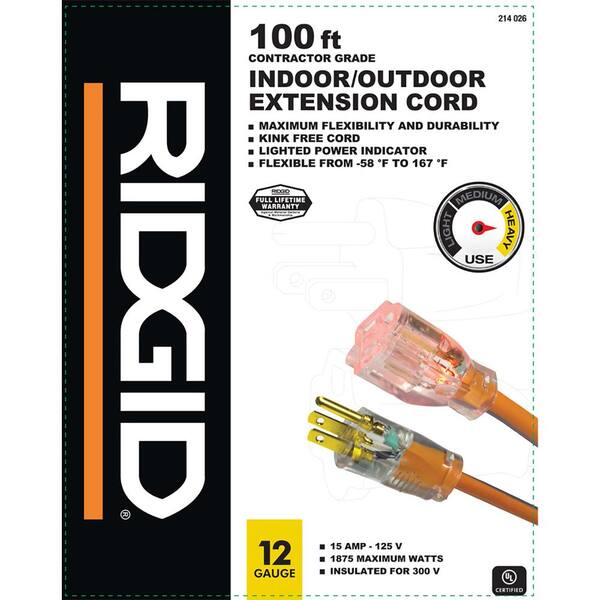 T RIDGID 100 ft. 12/3 Heavy-Duty Contractor-Grade Indoor/Outdoor