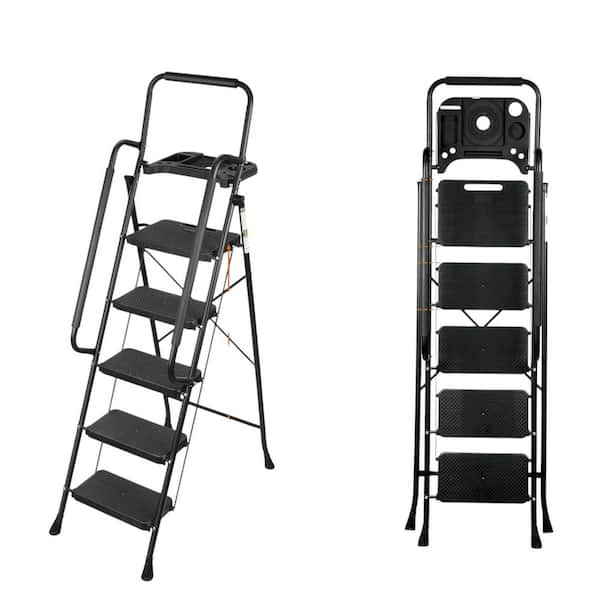 Reach 60 in. H, 5 Step Ladder Portable Steel Folding Stool with Wide Anti-Slip Pedal Tool and Extended Handrail Black