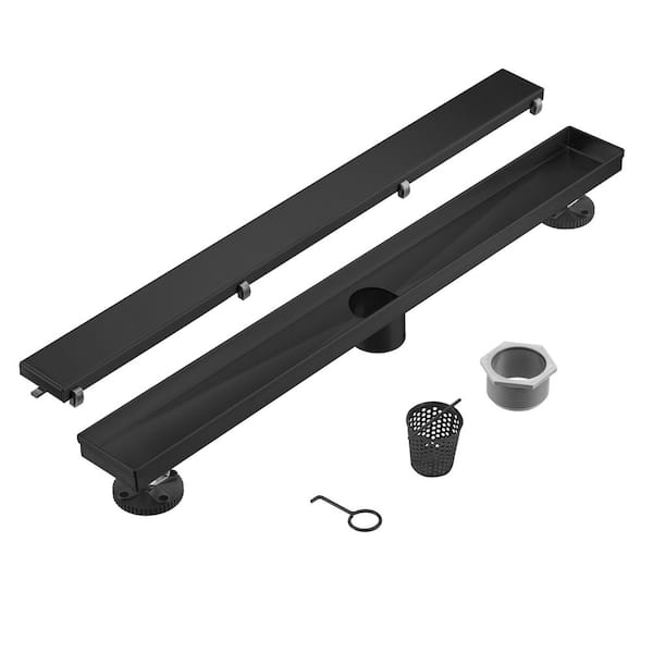 BWE 28 in. Shower Drain with 2-in-1 Tile Insert Panel with Square Pattern Drain Cover in Matte Black