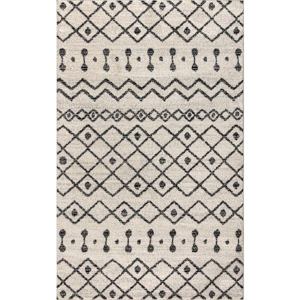 Aksil Moroccan Beni Souk Cream/Black 5 ft. x 8 ft. Area Rug
