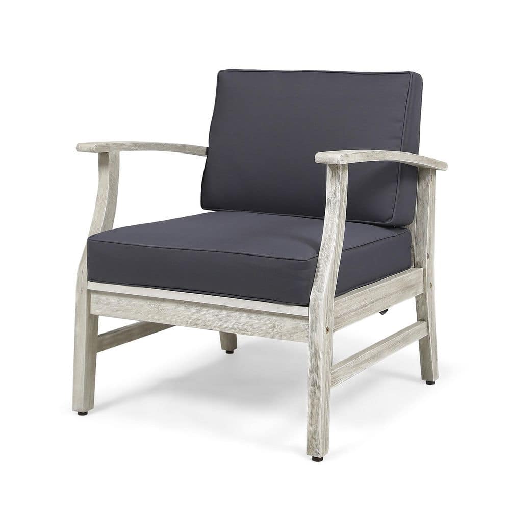 1-Piece Light Gary Acacia Wood Outdoor Lounge Chair with Gray Cushions for 