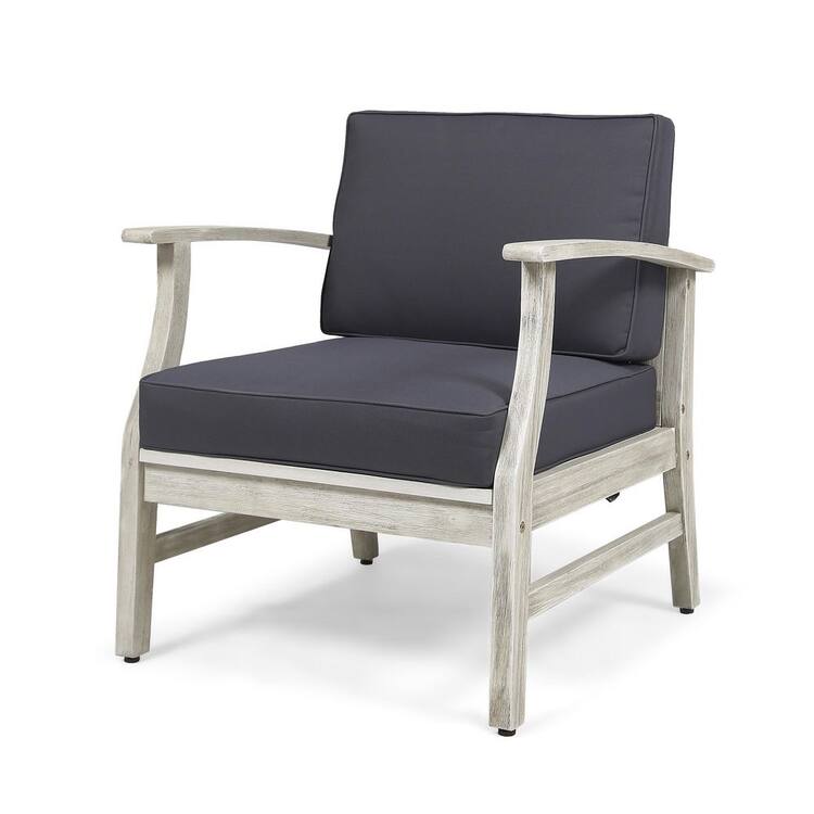 1-Piece Light Gary Acacia Wood Outdoor Lounge Chair with Gray Cushions for Porch, Patio, Backyard, Poolside