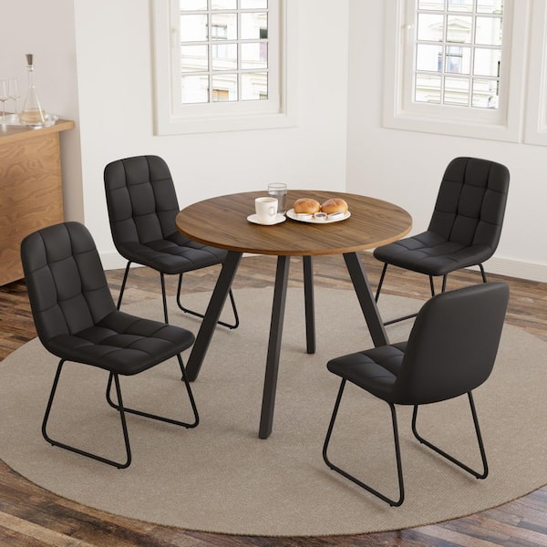 GOJANE 5-Piece 34.6 in. Modern Round Dining Table with Leather Chairs(Walnut Table+4 U-shaped Black Chairs)