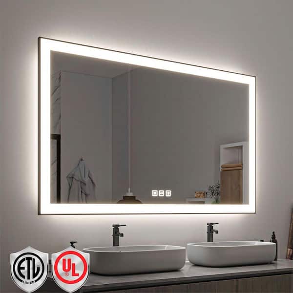 60 in. W x 36 in. H Rectangular Framed LED Anti-Fog Wall Mirror in Black with Backlit and Front Light
