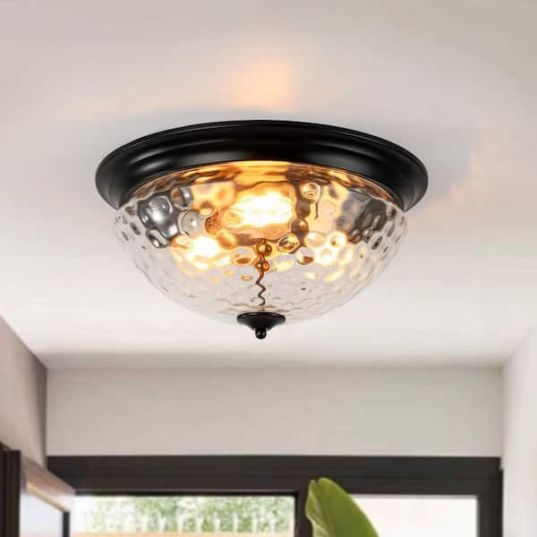 HUOKU Seta 16.7 in. Dia 3-Light Mushroom-Shaped Flush Mount Ceiling Light in Stain Black with Water Ripple Glass Shade