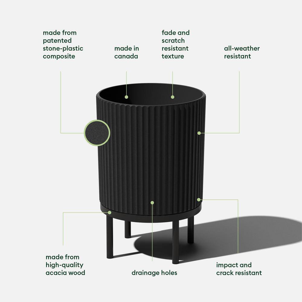 Black Fluted Concrete-Composite Planter with Acacia Wood Stand