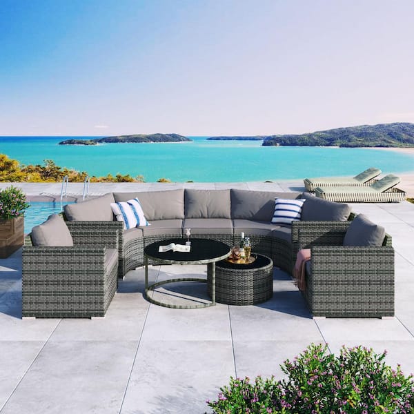 Unbranded 9-Piece Wicker Outdoor Half Moon Patio Sectional Sofa Set, Modern Round Sofa Set with Coffee Table, Grey Cushions