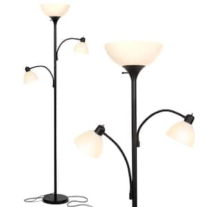 Sky Dome Double 72 in. Classic Black Industrial 3-Light 3-Way Dimming LED Floor Lamp with 3 White Plastic Bowl Shades