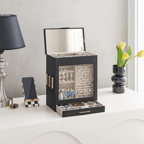 Ink Black 10.3 in. x 12.6 in. Polyurethane Jewelry Box with 3-Side Drawers