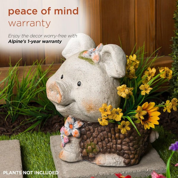 Alpine Corporation 13 in. Smiling Pig Statue Ceramic Planter with