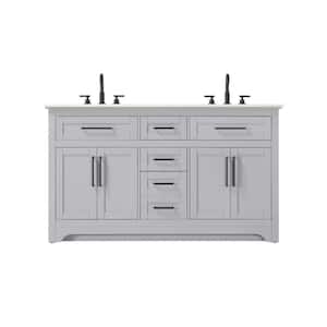 60 in. Double Sink Freestanding Grey Bath Vanity with Marble White Engineered Marble Top