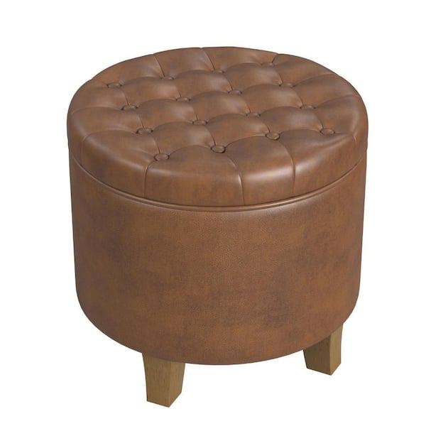 Benjara Wes Brown and Honey Oak Brown Faux Leather Round Storage Ottoman