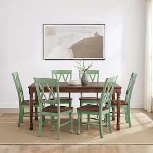 Shelby 7-Piece Rectangular Dark Cherry and Teal Wood Top Dining Set Seats 6