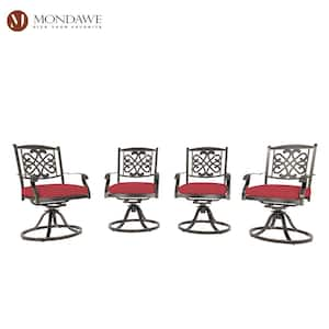 Cast Aluminum Outdoor Dining Chair Flower-Shaped Backrest Swivel Chairs Side Chair with Red Cushions (Set of 4)