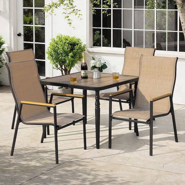 faux wood dining set patio umbrella Nuu Garden Black 5-Piece Textilene and Faux Wood Square Outdoor Dining Set with Umbrella Hole, Stackable Design, Woodgrain Tabletop
