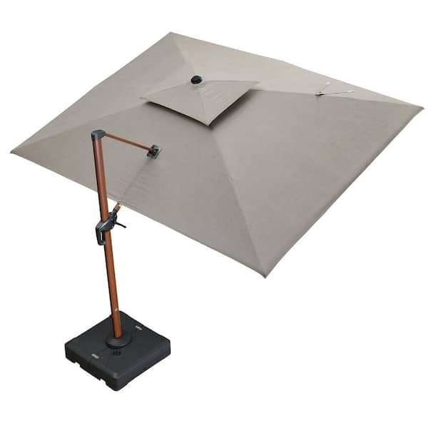 9 ft. x 12 ft. Sunbrella Aluminum 360° Rotation Wood Pattern Cantilever Outdoor Patio Umbrella with Base in Taupe