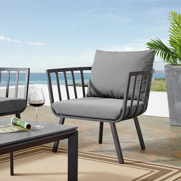 Riverside Gray Aluminum Outdoor Patio Dining Chair with Charcoal Cushions