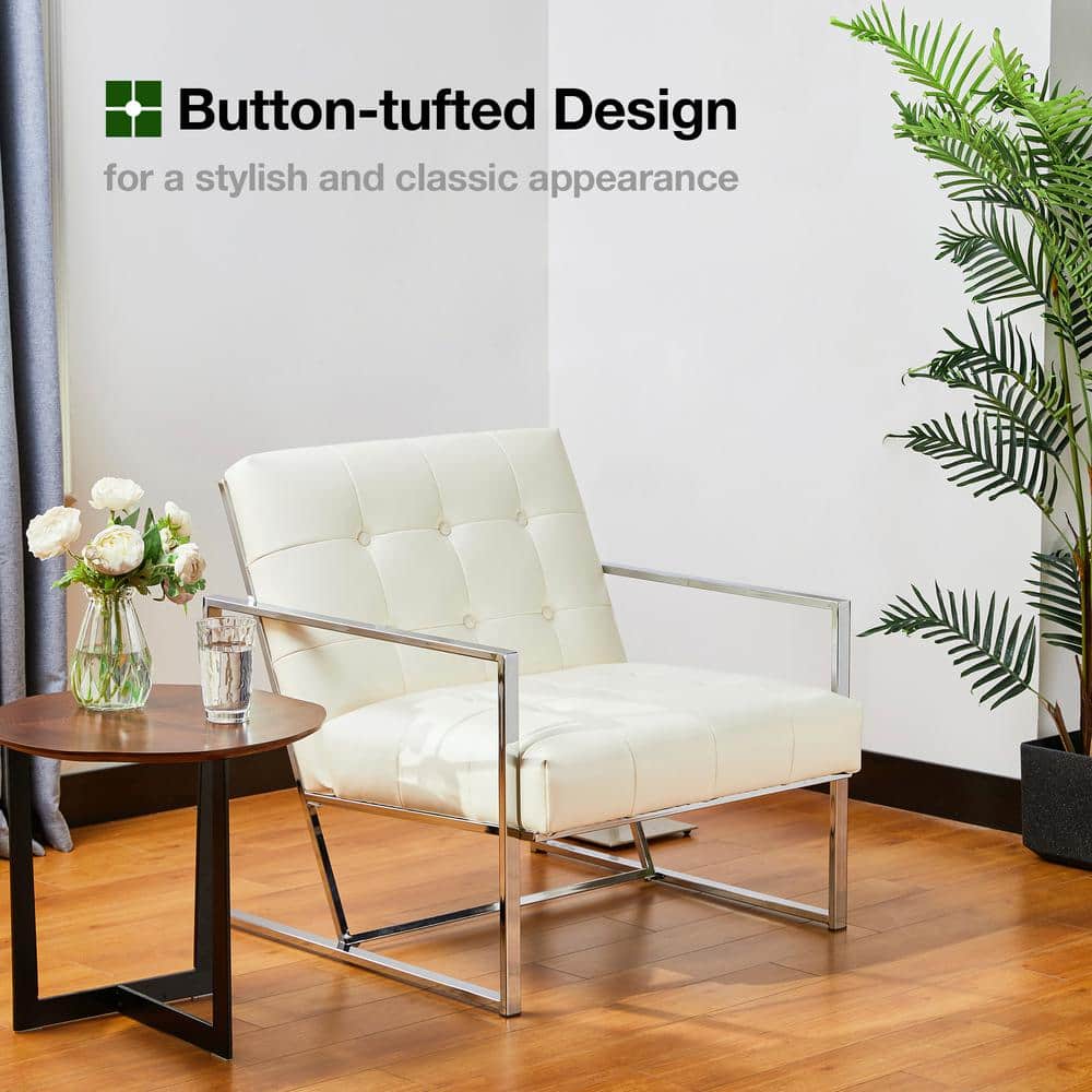 Mid-Century Chrome-Plated White Faux Leather Accent Chair