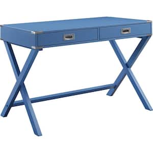 24 in. Rectangular Blue Wood Top 2-Drawer Writing Desk with Round Metal Handles