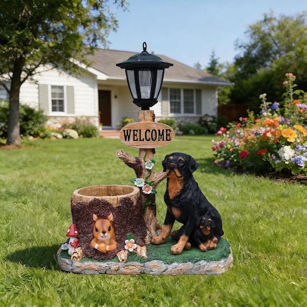 VAMOP Large Brown Resin Rottweiler Dog Family Garden Planter