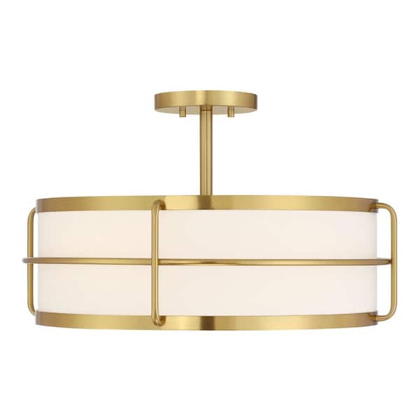 Chauncey 22 in. 4-Light Warm Brass Vintage Industrial Semi-Flush Mount Ceiling Light with White Fabric Shade
