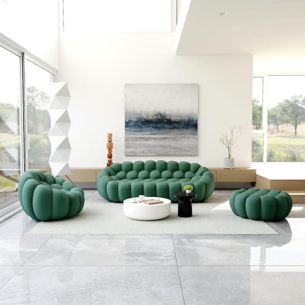 (3-Piece) Bubble Couch, 98.4 in. Green Mesh Fabric Sectional Sofa Set 3-Seater Couch with Chair Ottoman for Meeting Room