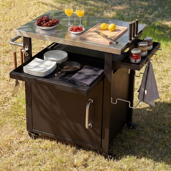 Black Grill Cart Countertop Kitchen Island Cart Grill Table for BBQ, Patio Cabinet with Wheels, Hooks and Side Shelf