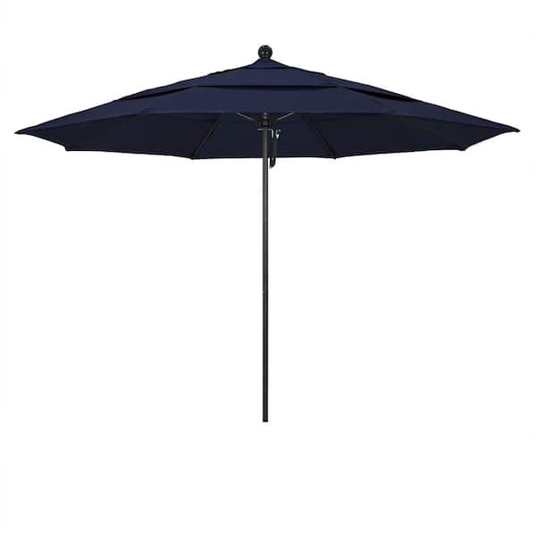 California Umbrella 11 ft. Black Aluminum Commercial Market Patio Umbrella with Fiberglass Ribs and Pulley Lift in Navy Blue Pacifica