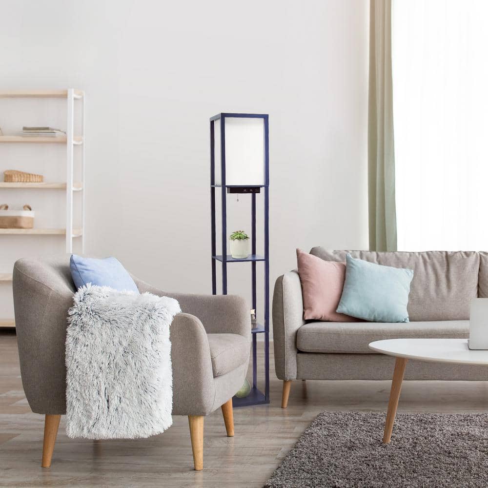 Classix Navy Blue 62.5" 3-Tier Shelf Floor Lamp with Linen Shade