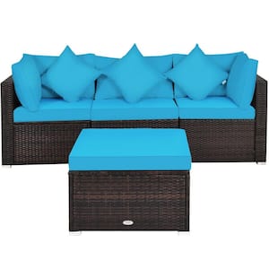 4-Piece PE Wicker Steel Outdoor Sofa Set Patio Conversation Set with Turquoise Cushions