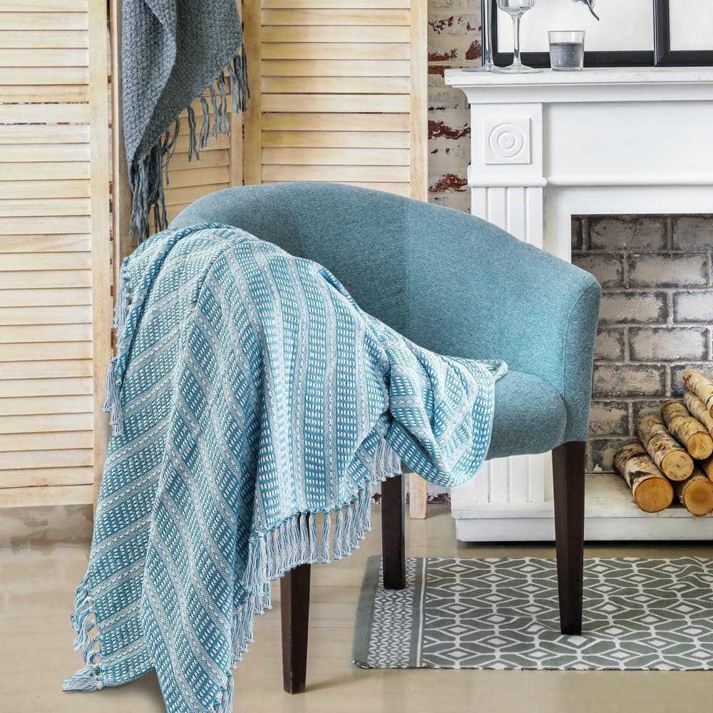 Maui Blue and White Organic Cotton Striped Throw Blanket