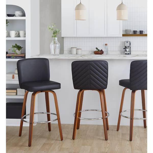 Henry 30 in. Walnut Wood and Black Faux Leather Fixed-Height Xl Barstool with Round Footrest (Set of 2)