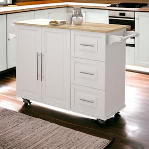 Wood 54 in. Rolling Kitchen Cart with Drop Leaf Top, 2 Doors 3 Drawers and Towel Rack in White