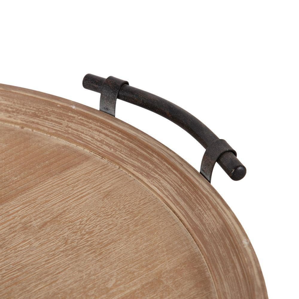 Bruillet Rustic Brown Round Wood Ottoman Tray with Black Metal Handles