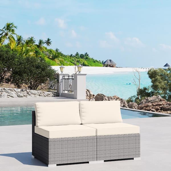 2-Piece Wicker Outdoor Patio Rattan Furniture Sectional Conversation Set with Beige Cushion