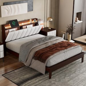 Walnut(Brown) Wood Frame Full Size Platform Bed with USB Charging, Beige Upholstered Headboard, Shelf, Hidden Storage