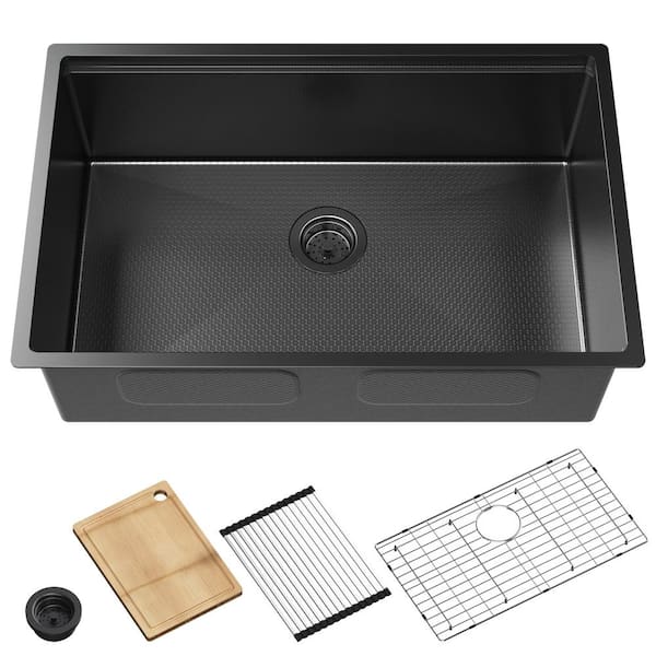 30 in. L Undermount Single Bowl 16 Gauge Gunmetal Black 304 Stainless Steel Kitchen Sink, Honeycomb Pattern