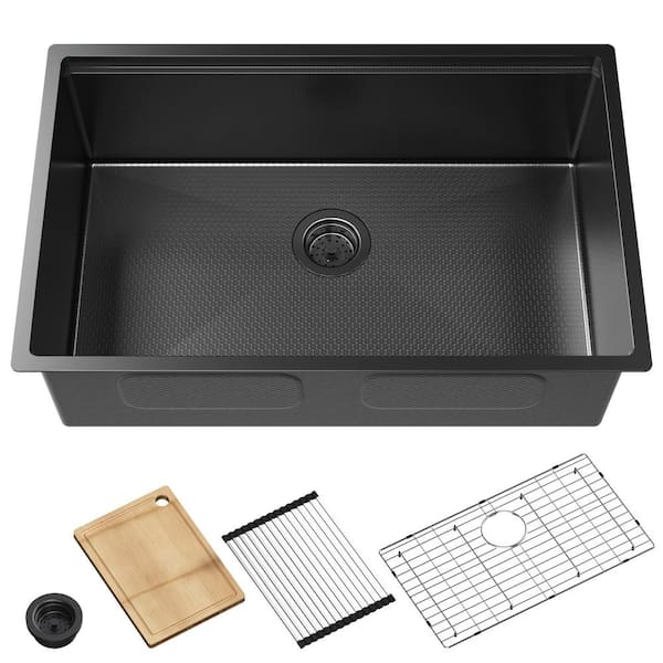 ANGELES HOME 30 in. L Undermount Single Bowl 16 Gauge Gunmetal Black 304 Stainless Steel Kitchen Sink, Honeycomb Pattern