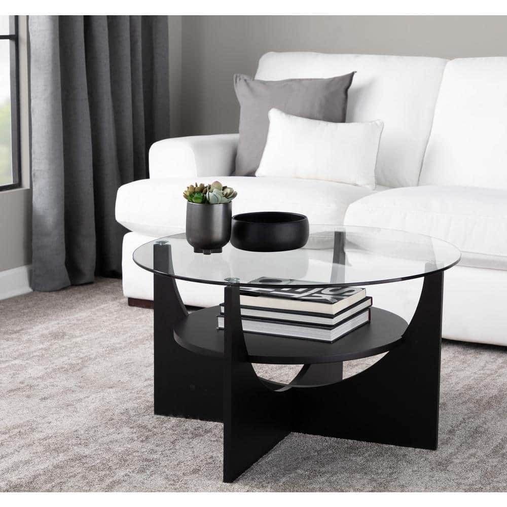 34" Circular Black Wood & Clear Glass Coffee Table with Storage Shelf